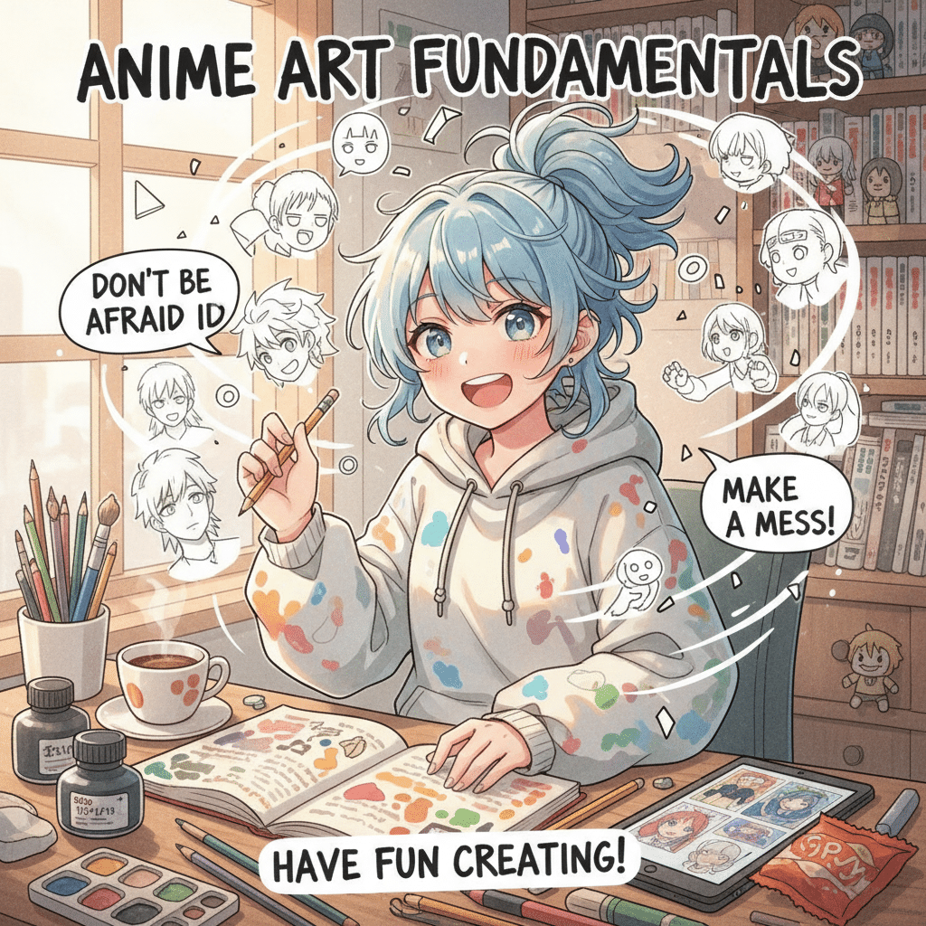 Anime art tutorial with a cheerful artist sketching and surrounded by creative supplies, emphasizing fun in creating.