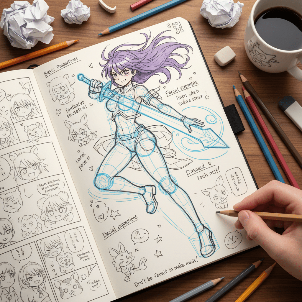 Anime sketchbook with character and comic doodles, surrounded by pencils and coffee on a wooden desk.
