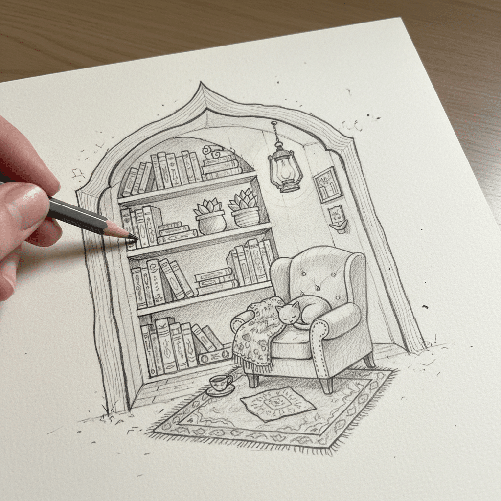 Hand-drawn cozy reading nook with bookshelf, armchair, sleeping cat, and decorative plants.