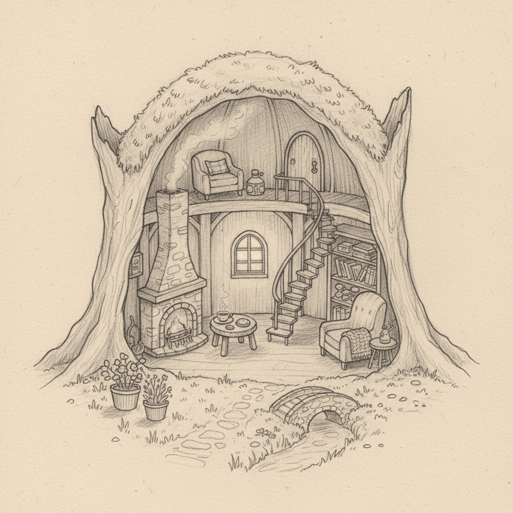 Whimsical treehouse interior with a spiral staircase, cozy fireplace, and charming furniture in a quaint fairytale setting.