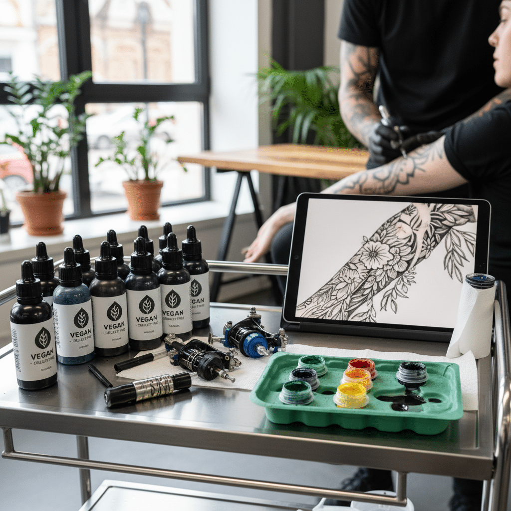 ai-photo-studio-1762804603068-2 Tattoo artist working with vegan ink, tools, and floral design on tablet in a modern studio setting. | Sky Rye Design Tattoo artist working with vegan ink, tools, and floral design on tablet in a modern studio setting.