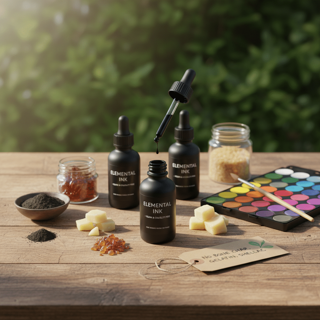 ai-photo-studio-1762804611804-1 Vegan tattoo ink bottles with natural ingredients on a wooden table, palette, and tag in a green garden setting. | Sky Rye Design Vegan tattoo ink bottles with natural ingredients on a wooden table, palette, and tag in a green garden setting.