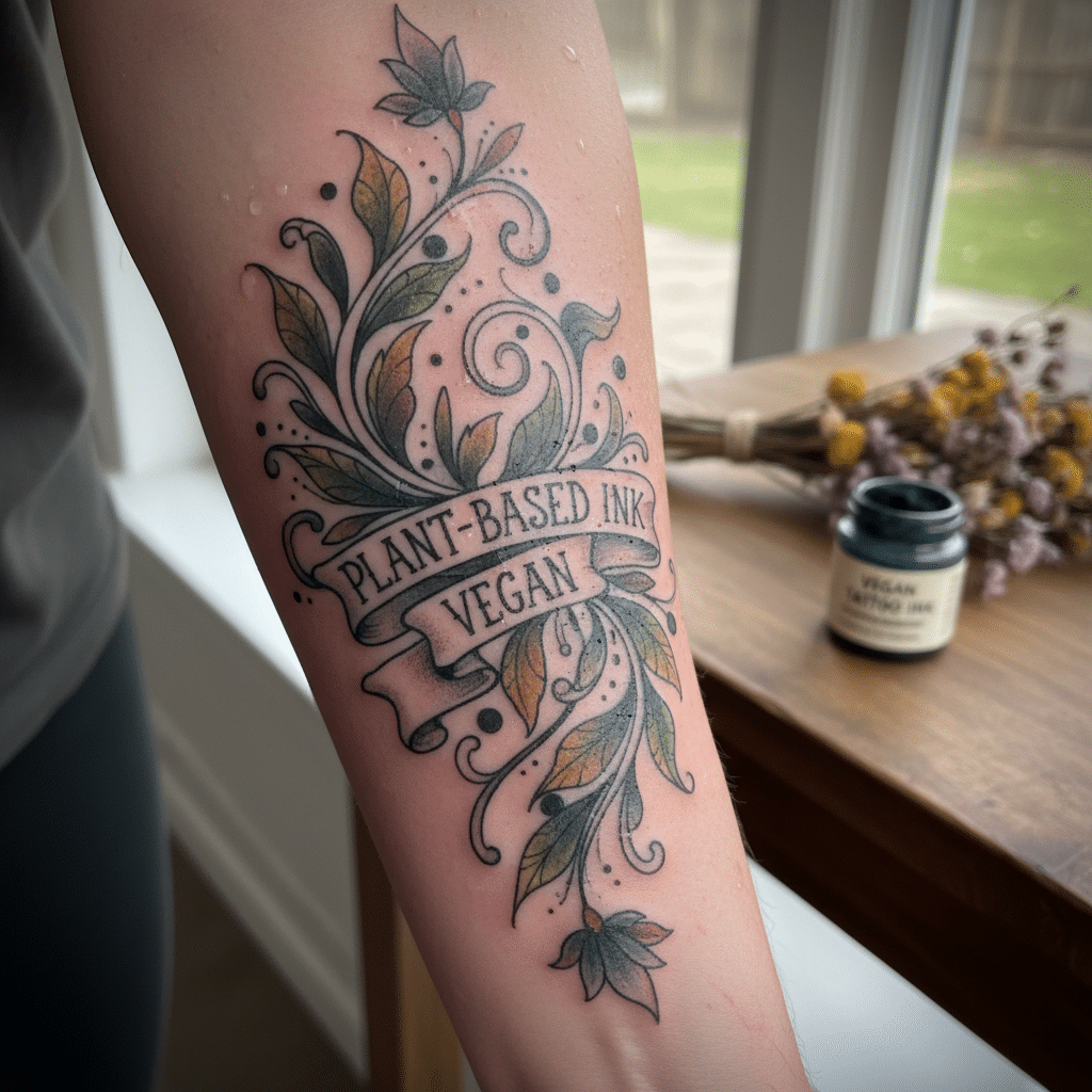ai-photo-studio-1762804670536-2 Arm tattoo featuring floral design with Plant-Based Ink and Vegan banner, emphasizing eco-friendly ink choice. | Sky Rye Design Arm tattoo featuring floral design with Plant-Based Ink and Vegan banner, emphasizing eco-friendly ink choice.