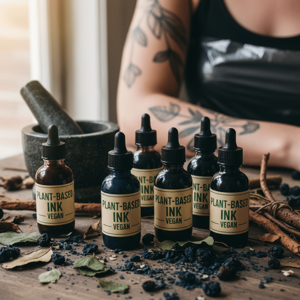 ai-photo-studio-1762804672302-1 Vegan plant-based ink bottles on a wooden table with natural ingredients and a tattooed person in the background. | Sky Rye Design Vegan plant-based ink bottles on a wooden table with natural ingredients and a tattooed person in the background.