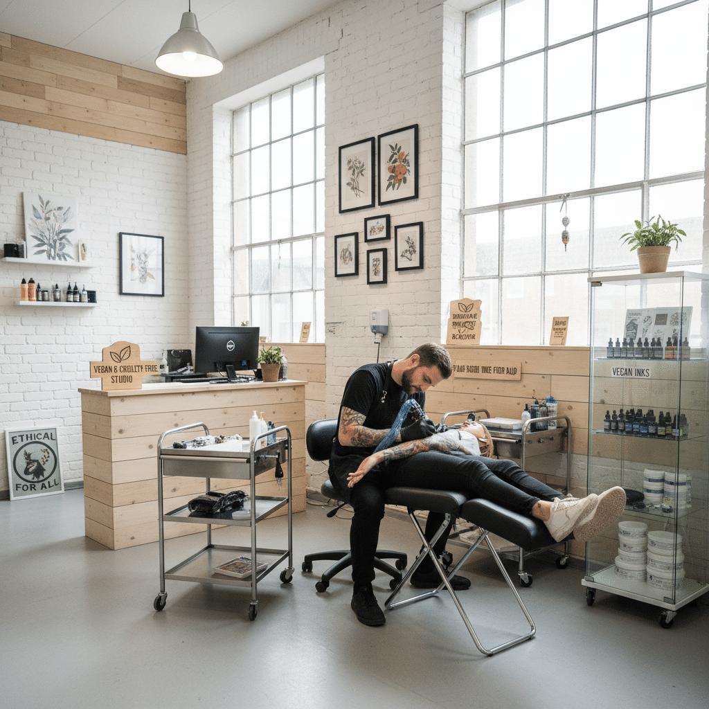 ai-photo-studio-1762804943473-2 Tattoo artist in a vegan studio creates body art in a bright, spacious room with framed art and natural light. | Sky Rye Design Tattoo artist in a vegan studio creates body art in a bright, spacious room with framed art and natural light.