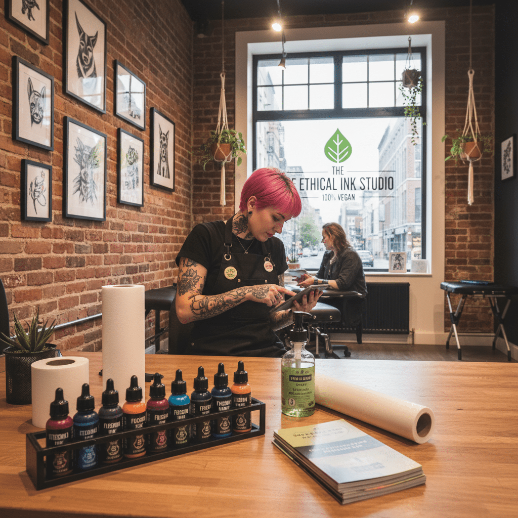 ai-photo-studio-1762804962763-2 Tattoo artist in vegan ink studio with colorful inks, brick walls, and framed art. | Sky Rye Design Tattoo artist in vegan ink studio with colorful inks, brick walls, and framed art.