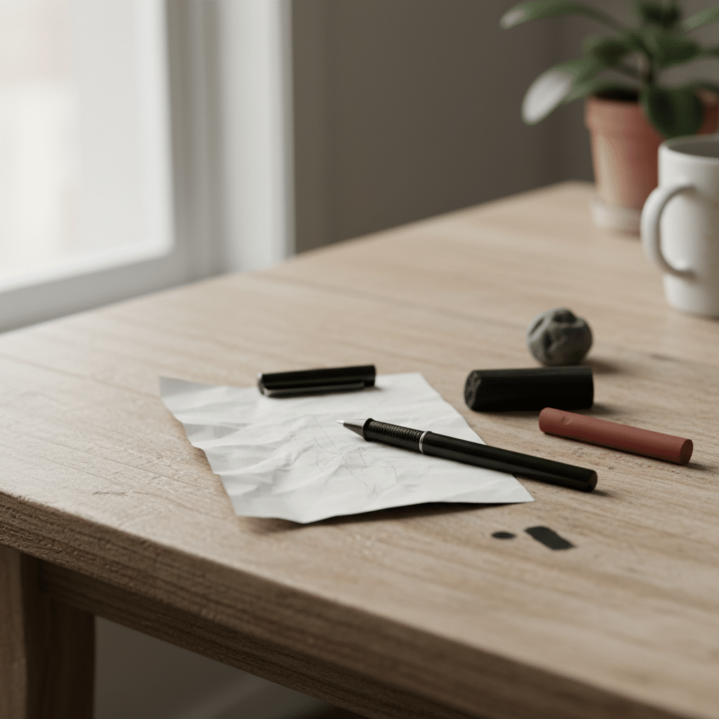 ai-photo-studio-1762882682122-1 Crinkled paper with pen and art supplies on a wooden desk, near a plant and coffee mug, suggesting a creative workspace. | Sky Rye Design Crinkled paper with pen and art supplies on a wooden desk, near a plant and coffee mug, suggesting a creative workspace.