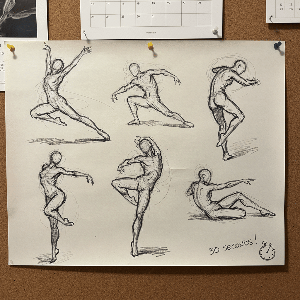 ai-photo-studio-1762882684167-2 Dynamic figure sketches of dancers in various poses, captured in quick 30-second drawings pinned to a board. | Sky Rye Design Dynamic figure sketches of dancers in various poses, captured in quick 30-second drawings pinned to a board.
