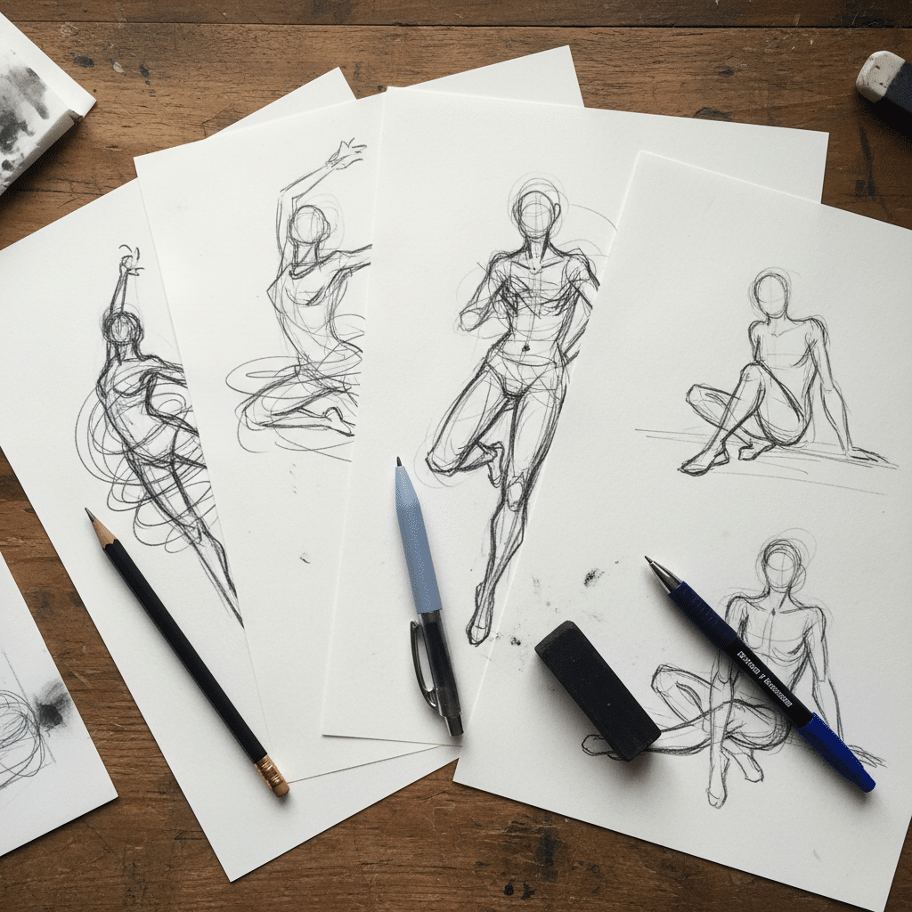 ai-photo-studio-1762882749693-1 Sketch drawings of human figures on paper with pencils and eraser on a wooden table, showcasing artistic studies of poses. | Sky Rye Design Sketch drawings of human figures on paper with pencils and eraser on a wooden table, showcasing artistic studies of poses.