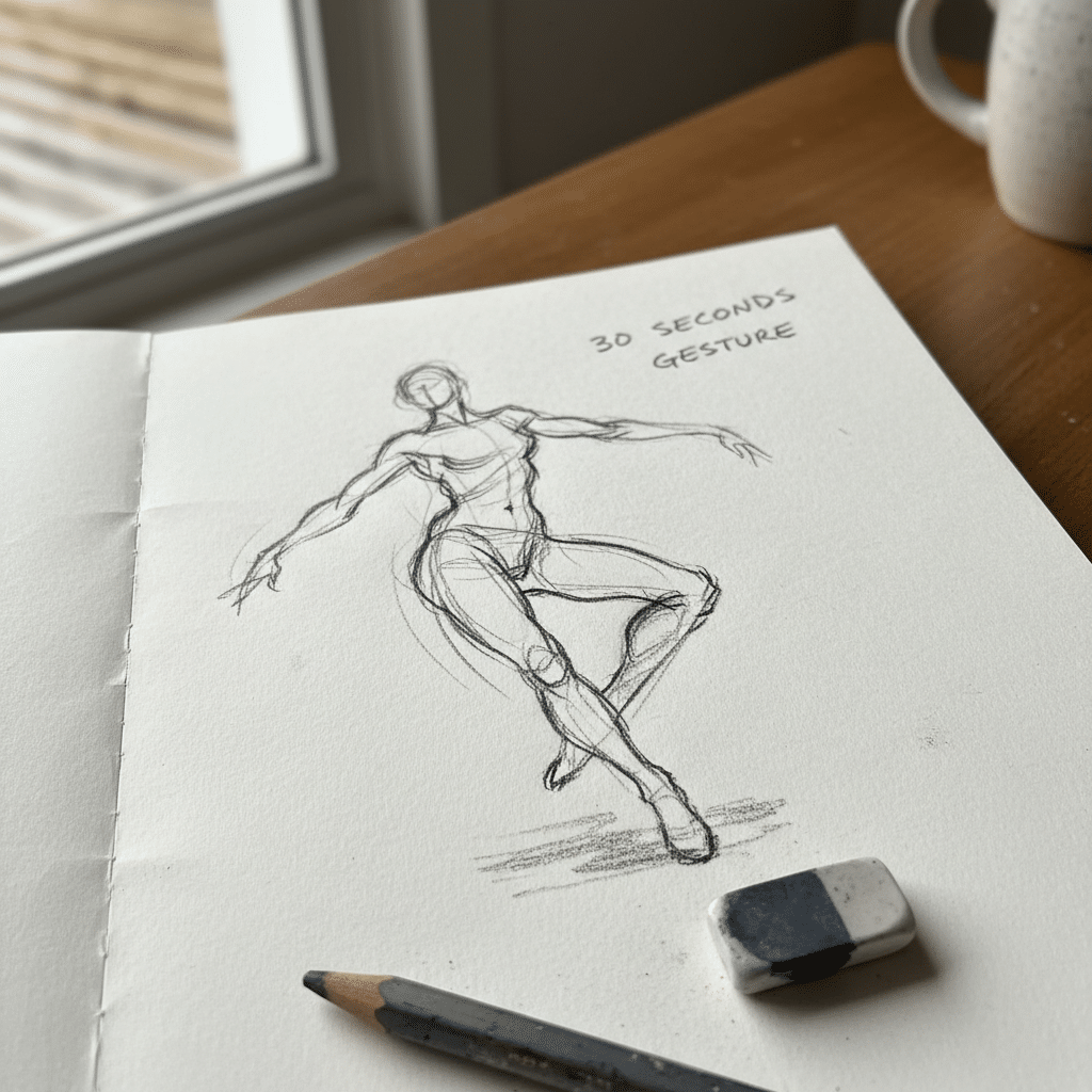 ai-photo-studio-1762882751051-2 Sketchbook page with a 30-second gesture drawing of a dynamic figure, pencil and eraser on the table, near a window. | Sky Rye Design Sketchbook page with a 30-second gesture drawing of a dynamic figure, pencil and eraser on the table, near a window.