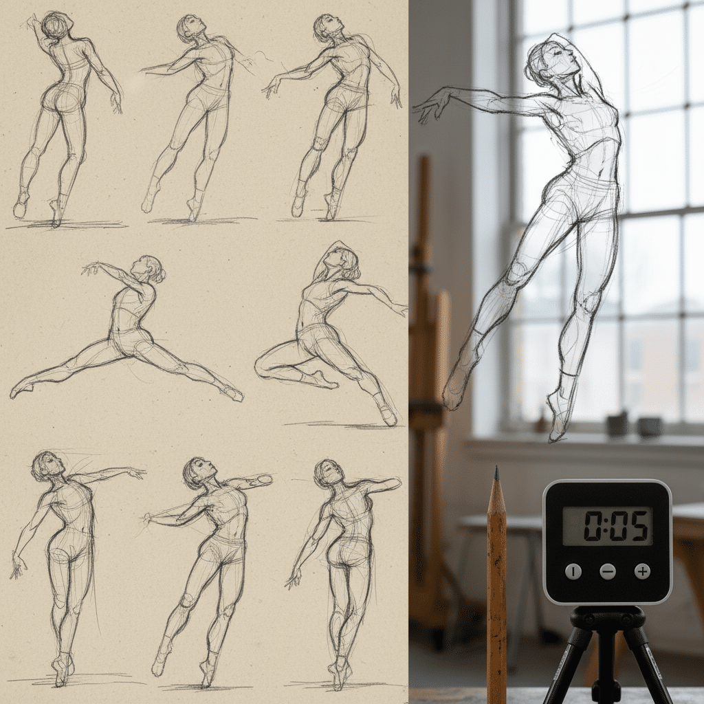 ai-photo-studio-1762882814111-1 Sketches of a dancer in various ballet poses with a studio backdrop. Timer and pencil indicate artistic practice and study. | Sky Rye Design Sketches of a dancer in various ballet poses with a studio backdrop. Timer and pencil indicate artistic practice and study.
