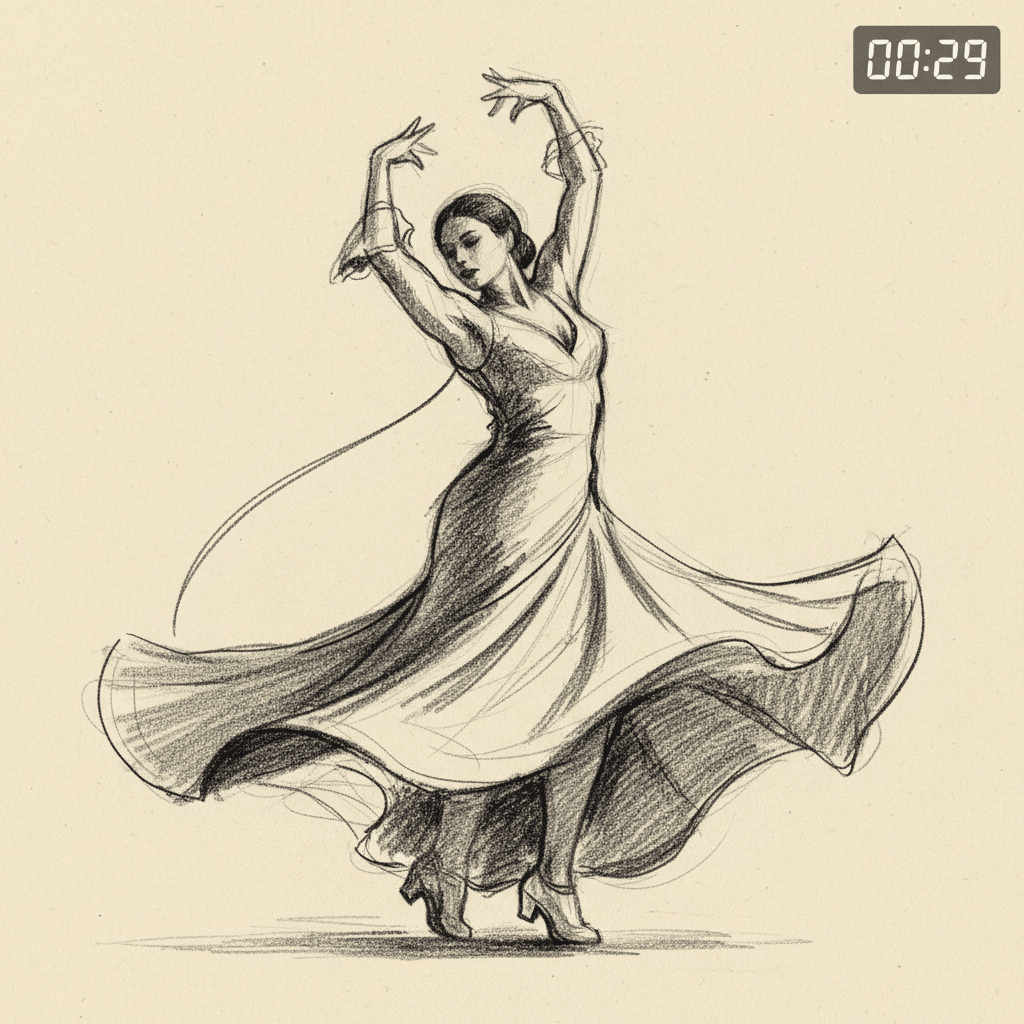 ai-photo-studio-1762882815347-2 Pencil sketch of a graceful dancer in flowing dress, arms raised elegantly. Timeless, dynamic pose captured with a vintage timer overlay. | Sky Rye Design Pencil sketch of a graceful dancer in flowing dress, arms raised elegantly. Timeless, dynamic pose captured with a vintage timer overlay.