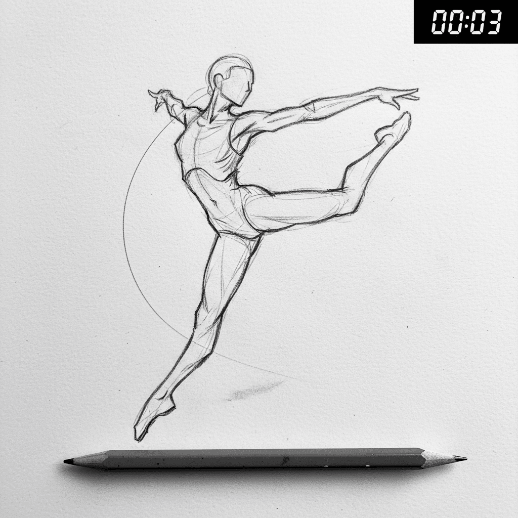 ai-photo-studio-1762882858163-1 Sketch of a dancer leaping gracefully, with a pencil and a 00:03 stopwatch in the corner, illustrating dynamic movement and artistry. | Sky Rye Design Sketch of a dancer leaping gracefully, with a pencil and a 00:03 stopwatch in the corner, illustrating dynamic movement and artistry.