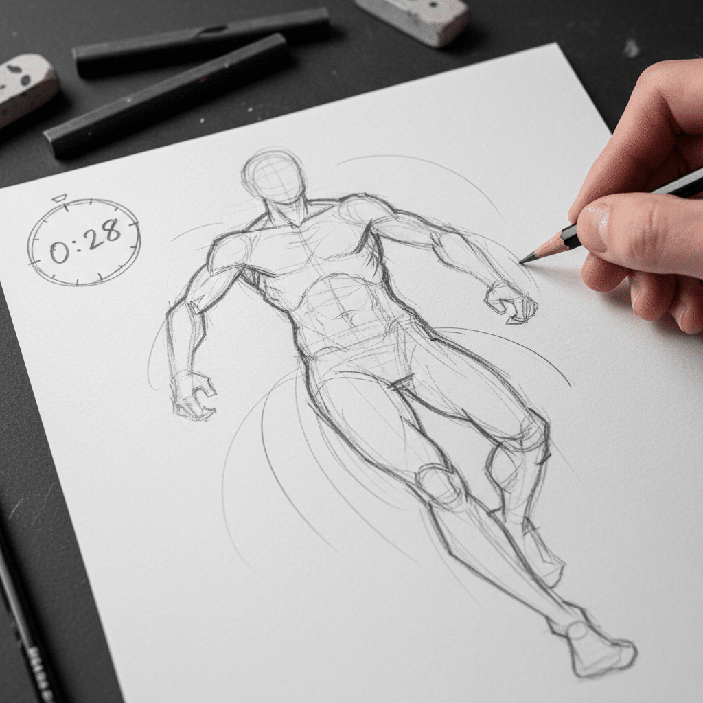ai-photo-studio-1762882860053-2 Artist quickly sketches a dynamic human figure on paper, with a pencil in hand and stopwatch showing 28 seconds. Drawing in progress. | Sky Rye Design Artist quickly sketches a dynamic human figure on paper, with a pencil in hand and stopwatch showing 28 seconds. Drawing in progress.