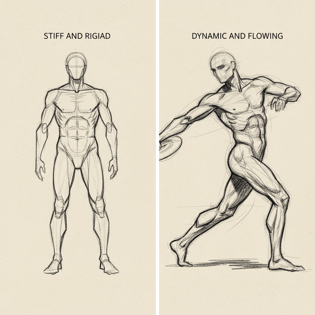 ai-photo-studio-1762882905347-2 Side-by-side sketches of a figure: one stiff and rigid, the other dynamic and flowing, demonstrating contrasting poses. | Sky Rye Design Side-by-side sketches of a figure: one stiff and rigid, the other dynamic and flowing, demonstrating contrasting poses.