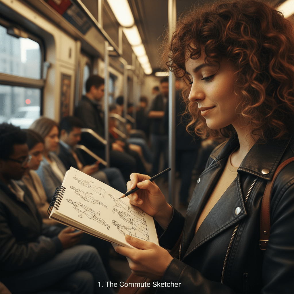 ai-photo-studio-1762883096024-1 Young woman sketching people on a subway train, capturing the essence of her commute creatively with a notebook and pencil. | Sky Rye Design Young woman sketching people on a subway train, capturing the essence of her commute creatively with a notebook and pencil.