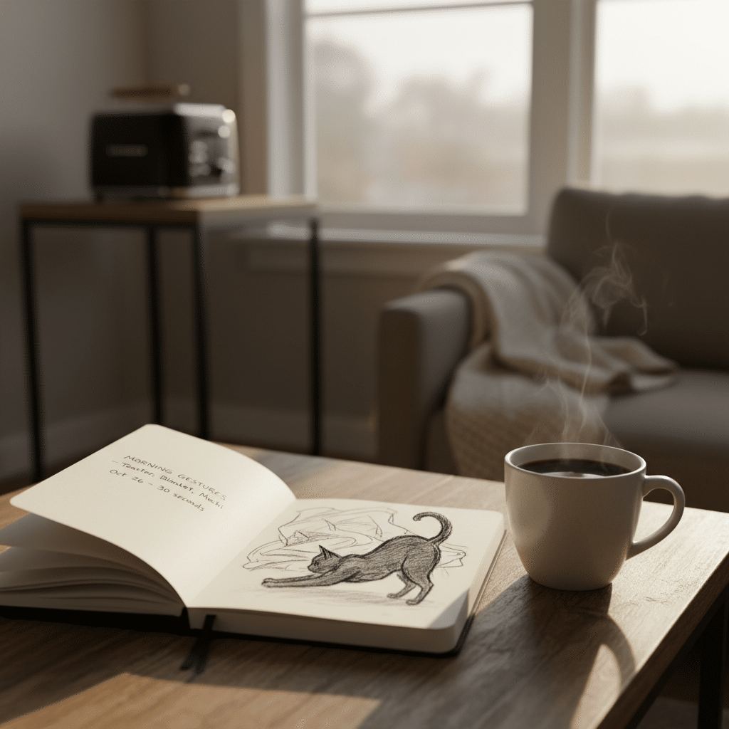 ai-photo-studio-1762883098324-2 Cozy morning scene with a steaming coffee cup and an open sketchbook depicting a stretching cat on a wooden table in a sunlit room. | Sky Rye Design Cozy morning scene with a steaming coffee cup and an open sketchbook depicting a stretching cat on a wooden table in a sunlit room.
