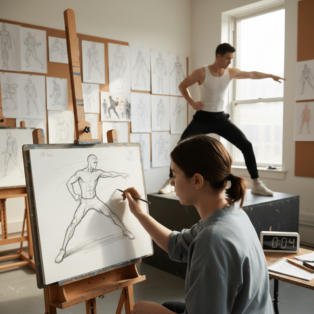 ai-photo-studio-1762883150610-2 Artist sketching a male figure in a dynamic pose during a life drawing class, surrounded by anatomical sketches on the studio walls. | Sky Rye Design Artist sketching a male figure in a dynamic pose during a life drawing class, surrounded by anatomical sketches on the studio walls.