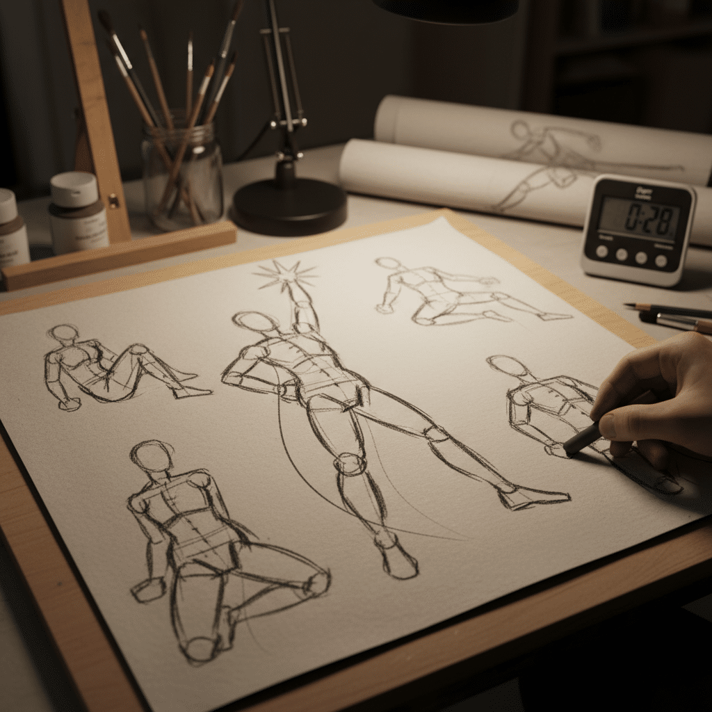 ai-photo-studio-1762883202888-1 Artist sketching dynamic human poses on a drawing pad, surrounded by art supplies and a timer. | Sky Rye Design Artist sketching dynamic human poses on a drawing pad, surrounded by art supplies and a timer.