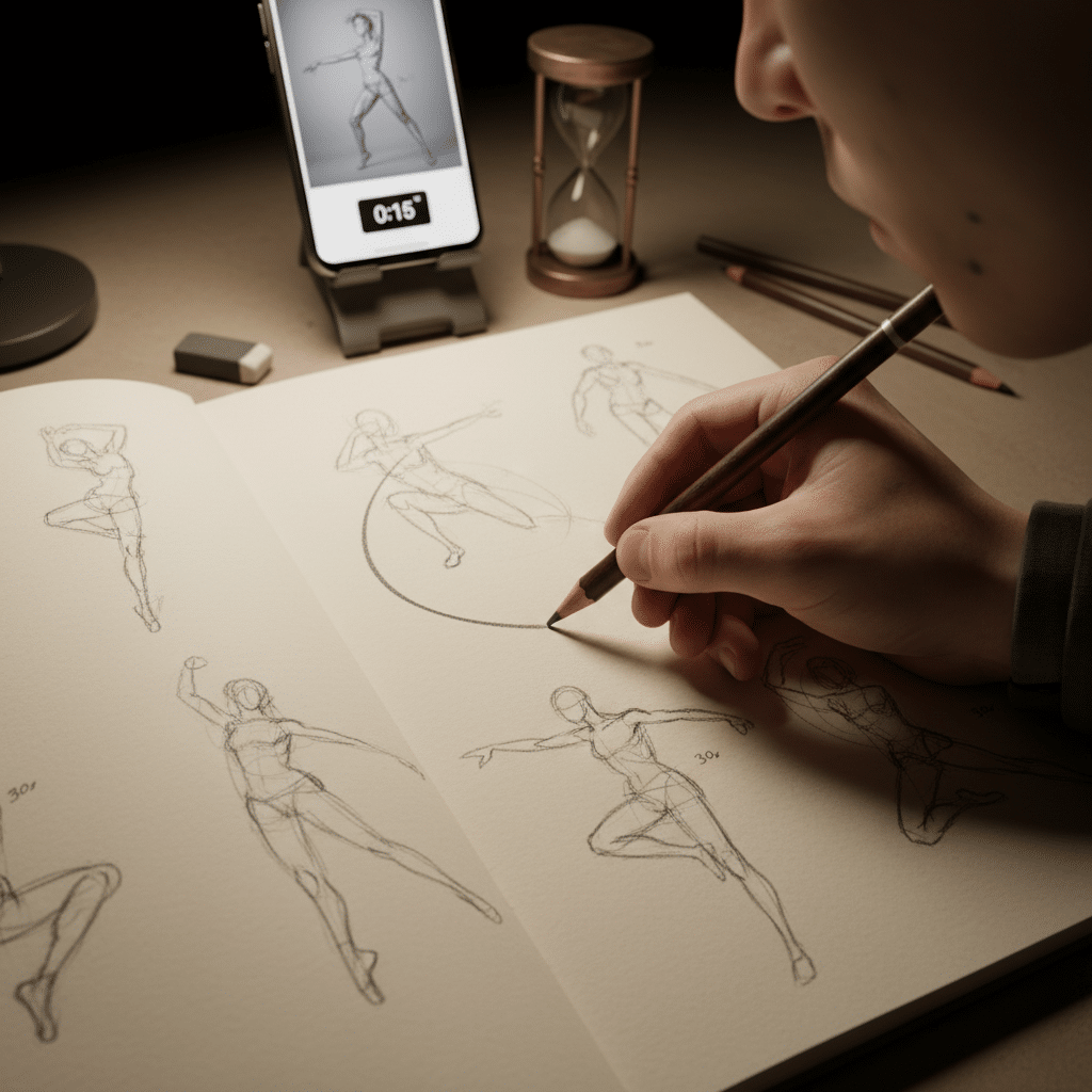 ai-photo-studio-1762883204969-2 Artist sketching dynamic poses in notebook, with reference image on phone and hourglass on desk. | Sky Rye Design Artist sketching dynamic poses in notebook, with reference image on phone and hourglass on desk.