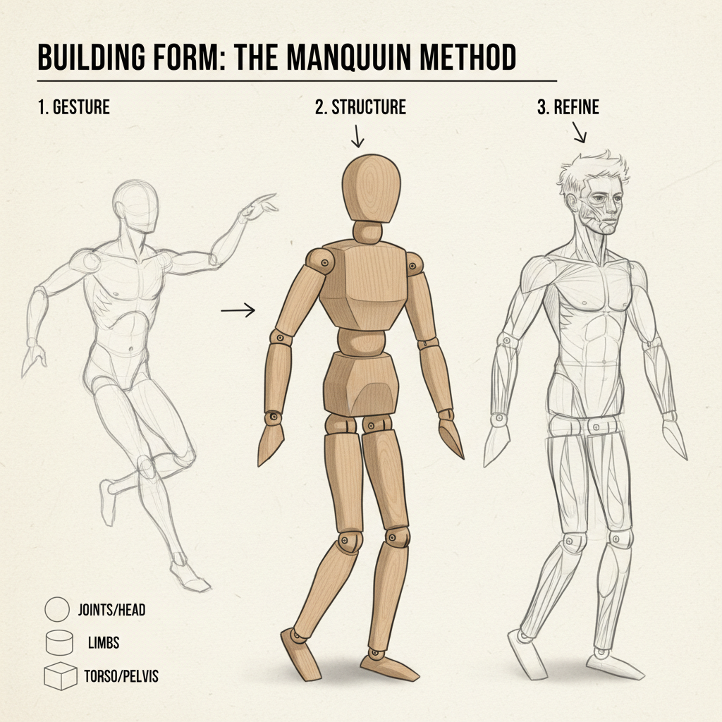 Illustration of a figure drawing technique using the mannequin method, showing gesture, structure, and refinement stages.