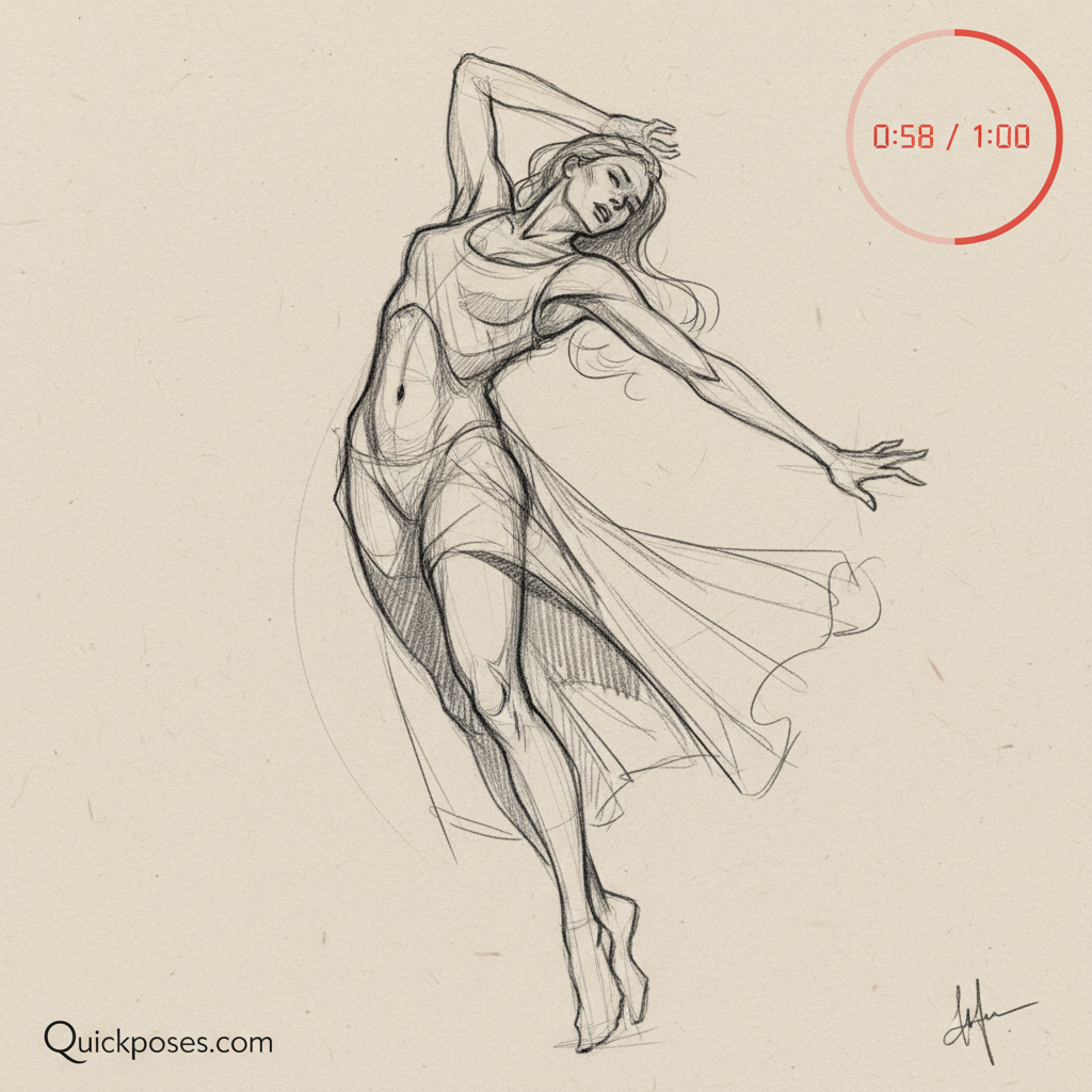 Dynamic pencil sketch of an elegant dancer in mid-motion, showing graceful lines and movement, with a 58-second timer.