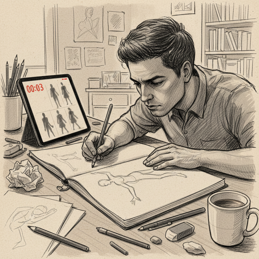 Artist sketching human figures in a notebook, surrounded by pencils and papers, with a tablet timer in a creative studio setting.