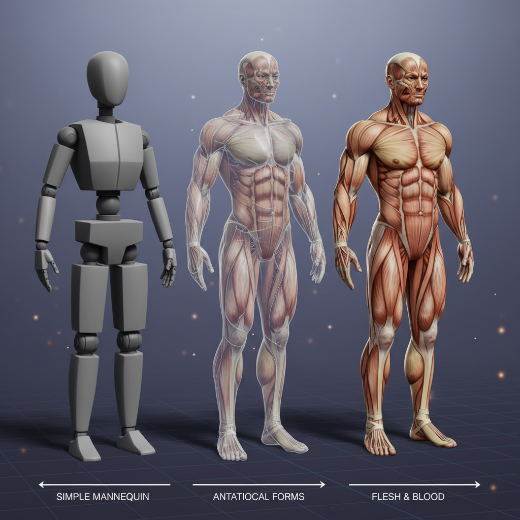 Three human figures illustrate stages of anatomical accuracy: a simple mannequin, detailed anatomical forms, and a realistic human body.