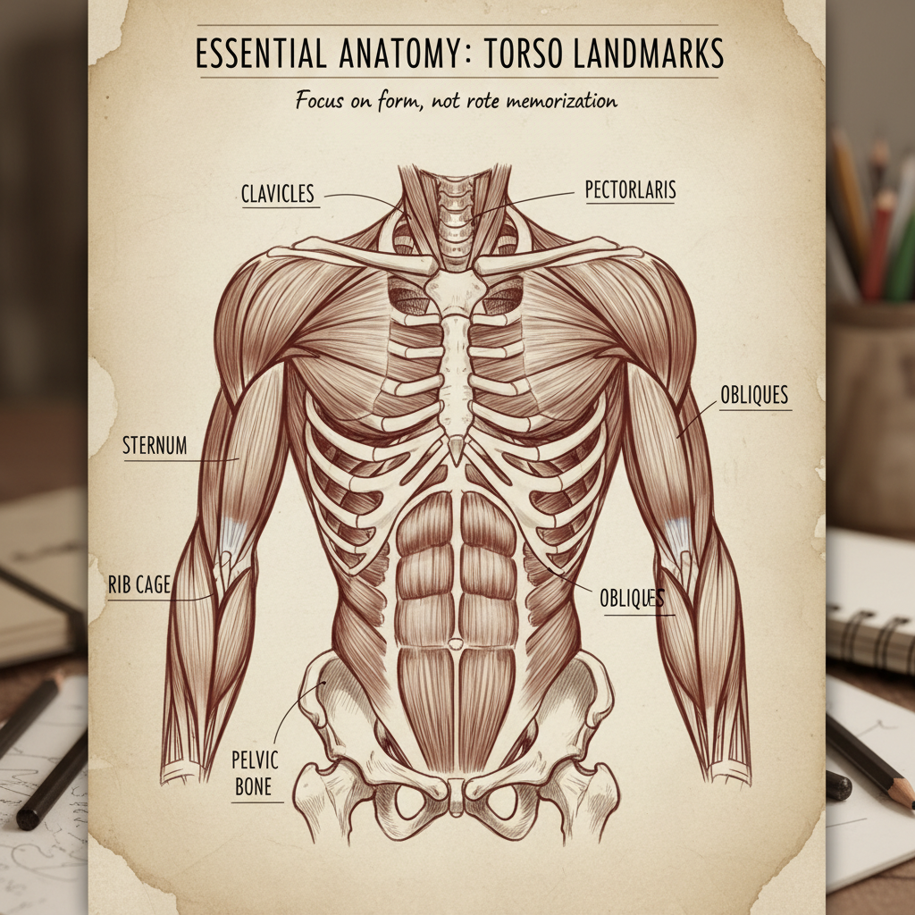 Anatomical illustration of the human torso, showcasing key landmarks like clavicles, rib cage, and obliques. Ideal for anatomy studies.