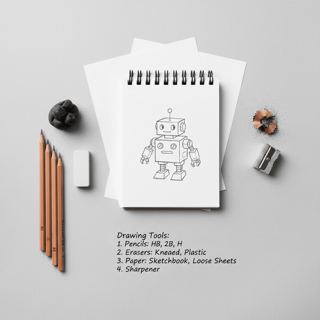 Sketchbook with robot drawing, surrounded by pencils, erasers, sharpener, and shavings. Perfect setup for artists and illustrators.
