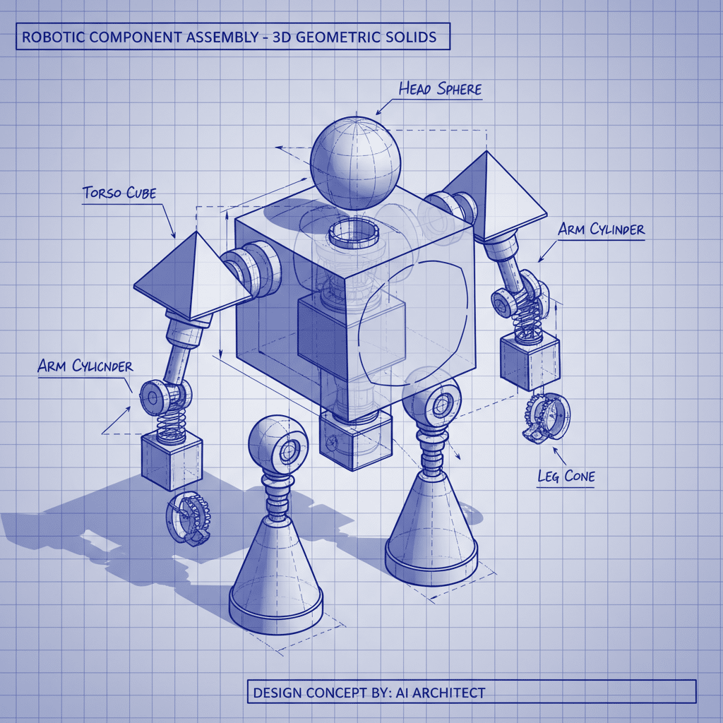 Blueprint of a robot made of geometric shapes, including sphere, cube, cylinder, and cone, showcasing a 3D component assembly.