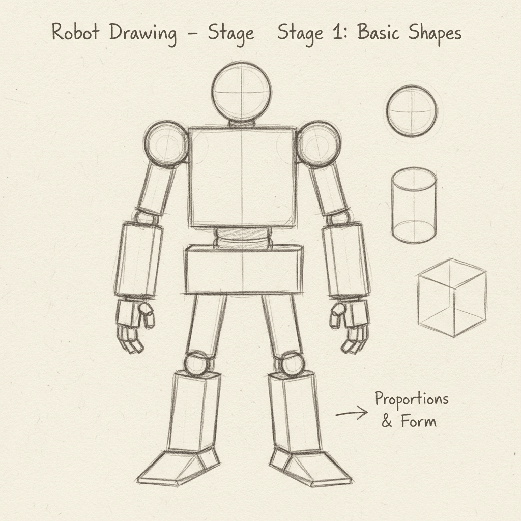 Sketch of a basic robot made with geometric shapes, illustrating proportions and form. Ideal for beginner drawing tutorials.
