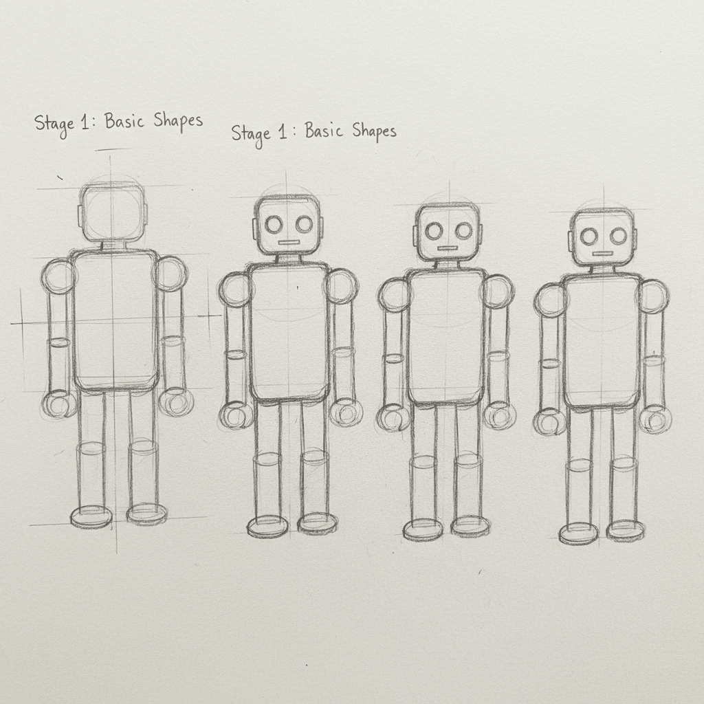 Four stages of drawing a simple robot using basic shapes, showing progression from rough outline to refined sketch.