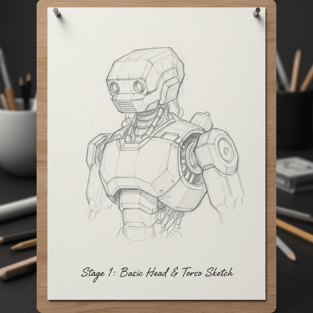 Pencil sketch of a robot's head and torso, showcasing a basic design stage, with art supplies in the background on a wooden board.