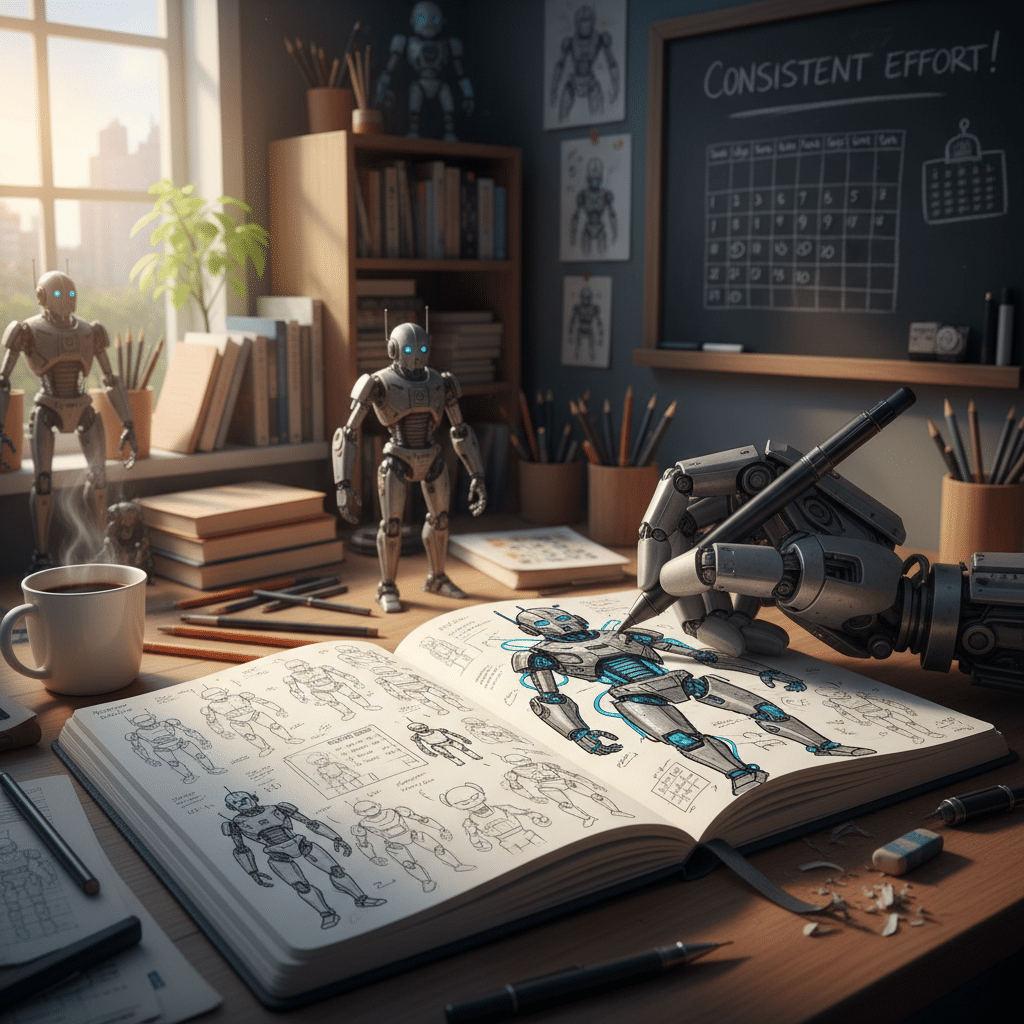 Robot sketching futuristic designs in a creative workspace filled with books and art supplies, emphasizing innovation and robotics.