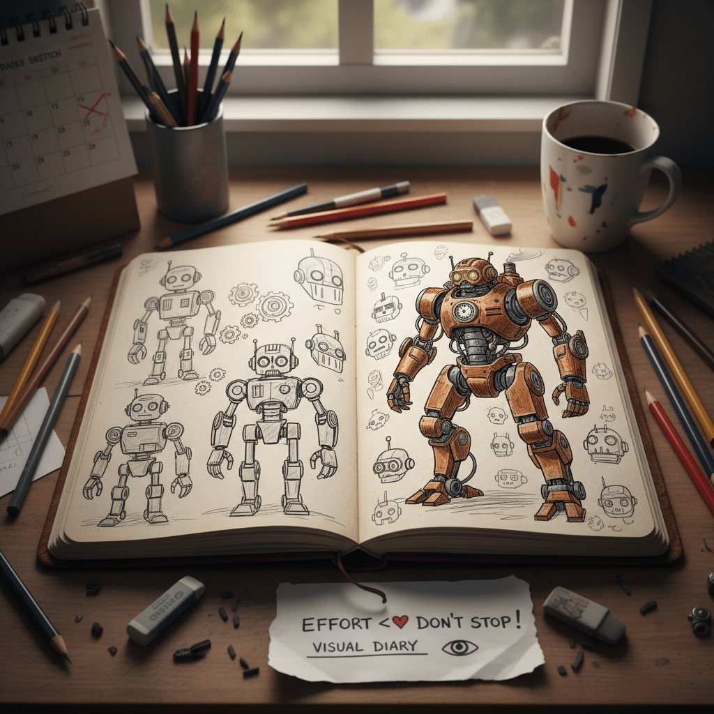 Open sketchbook on desk with robot drawings, colored pencils, coffee mug, and motivational note: “Effort ❤️ Don’t Stop!”