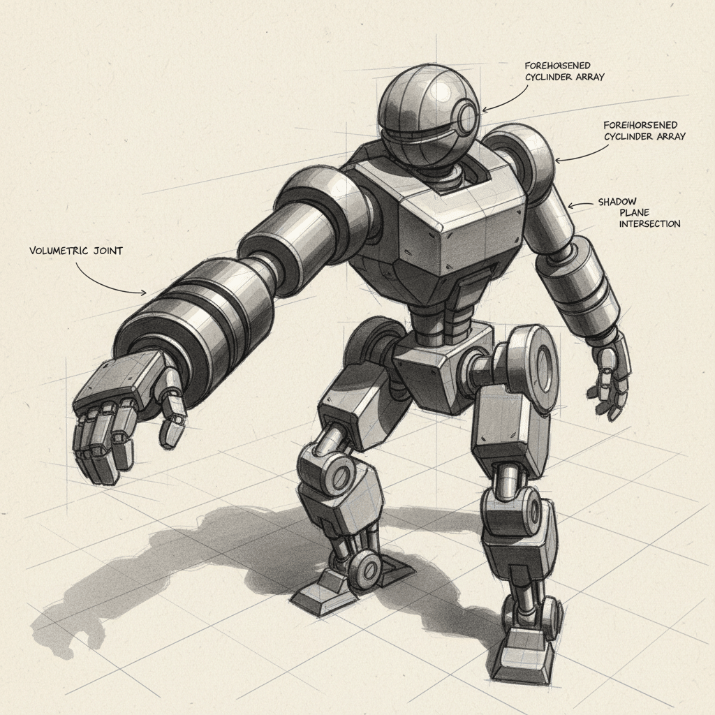 Sketch of a robot illustrating mechanical design details with labeled parts like volumetric joints and cylinder arrays.