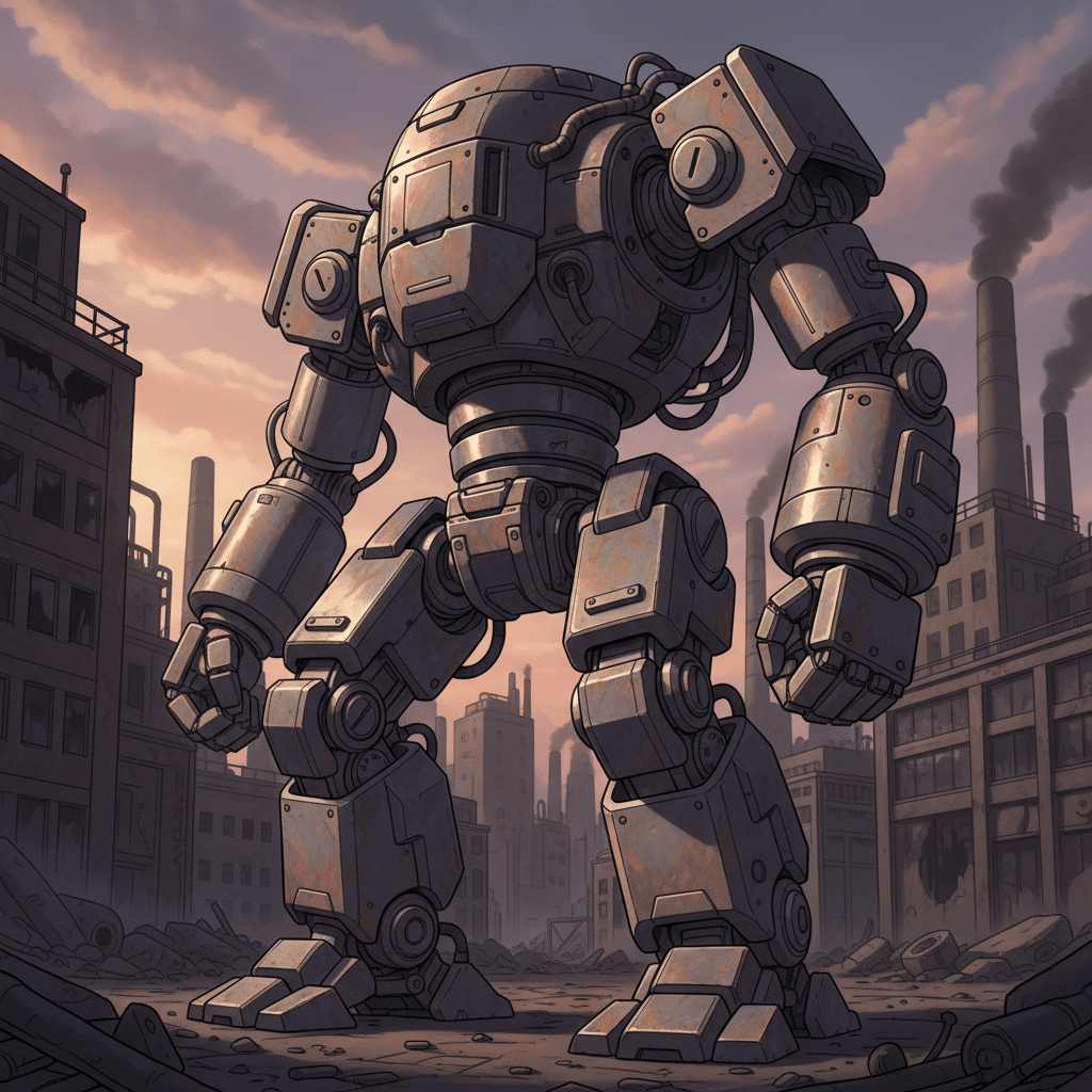 Giant industrial robot in a post-apocalyptic cityscape with factories and smoke, illustrating futuristic machinery and abandoned urban setting.