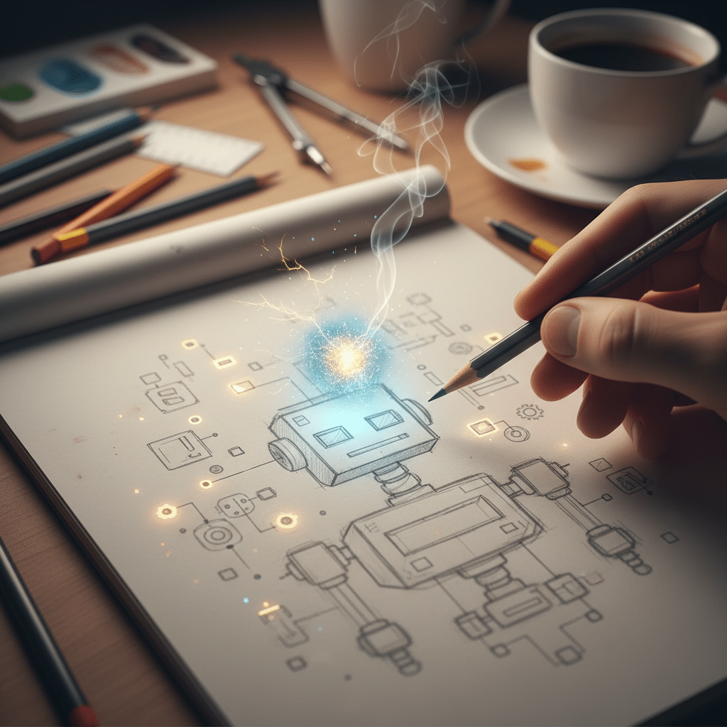 Hand drawing a robot design with glowing elements on paper, surrounded by pencils and coffee cup, symbolizing creative innovation. how to draw a robot
