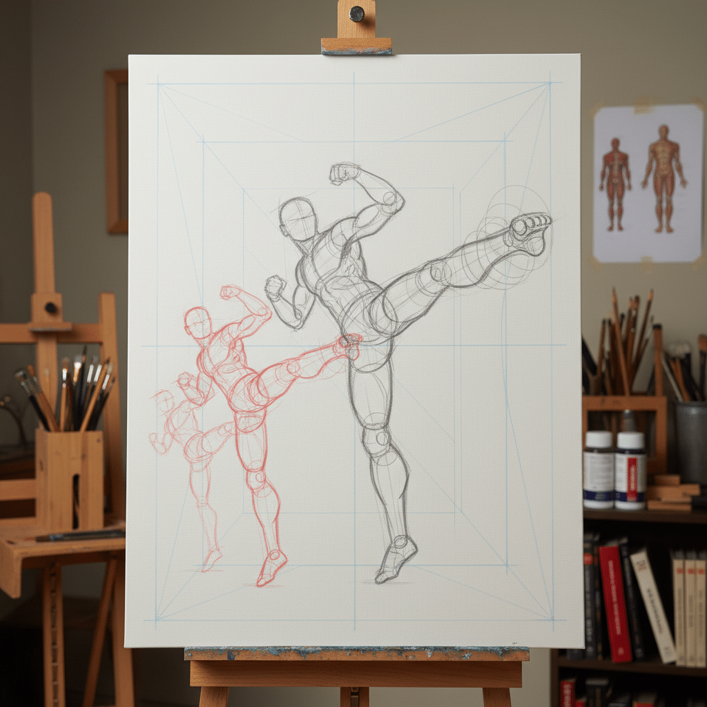 ai-photo-studio-1762974148092-2 Drawing of human figures in martial arts poses on an easel, surrounded by art supplies in a studio setting. | Sky Rye Design Drawing of human figures in martial arts poses on an easel, surrounded by art supplies in a studio setting.