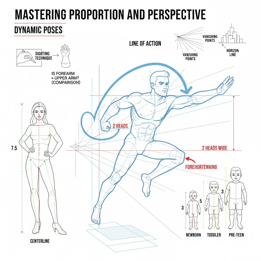 ai-photo-studio-1762974149331-1 Illustration explaining dynamic poses and perspective with proportion guides, including vanishing points and line of action techniques. | Sky Rye Design Illustration explaining dynamic poses and perspective with proportion guides, including vanishing points and line of action techniques.