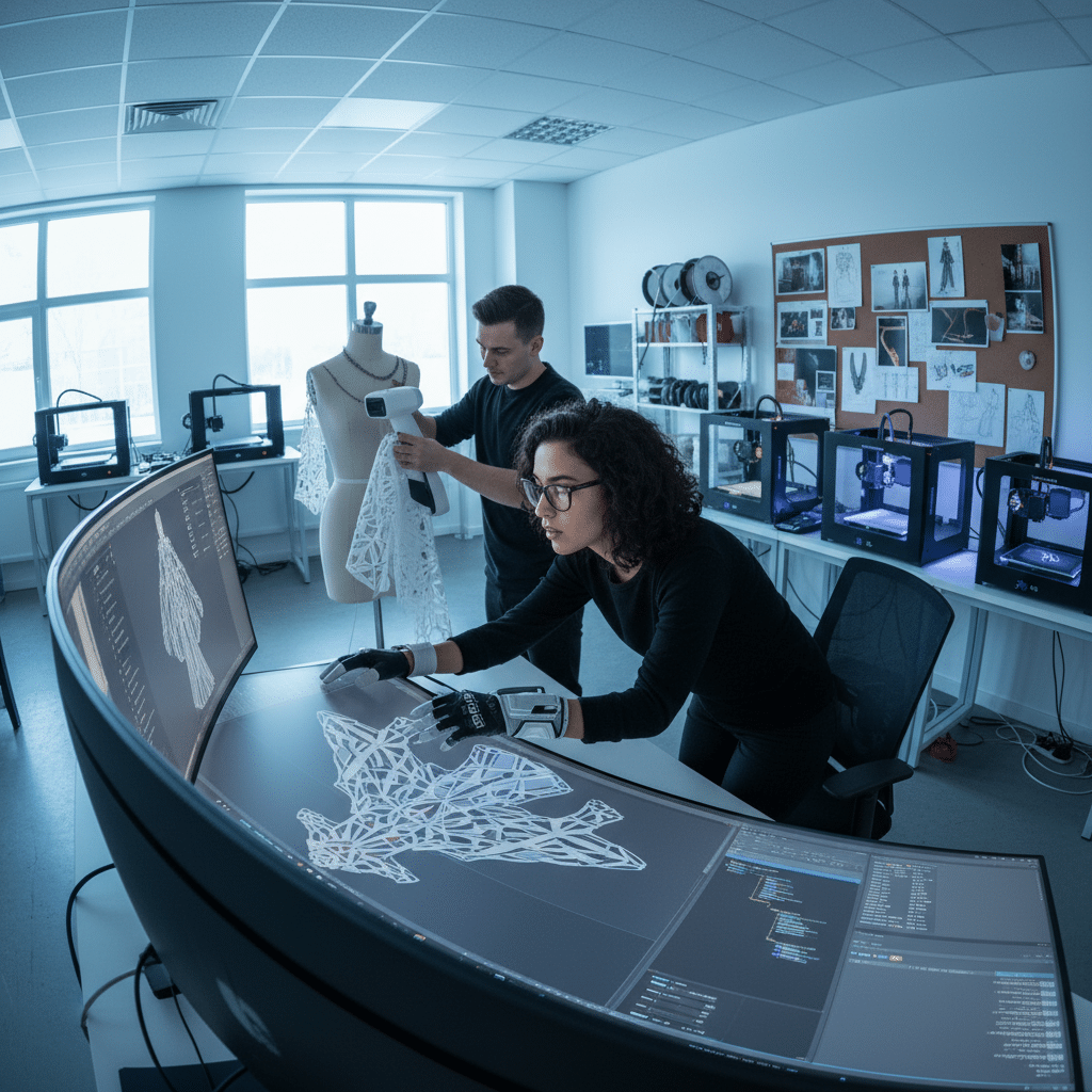 Designers use advanced software and 3D printers to create intricate fashion prototypes in a modern tech lab.