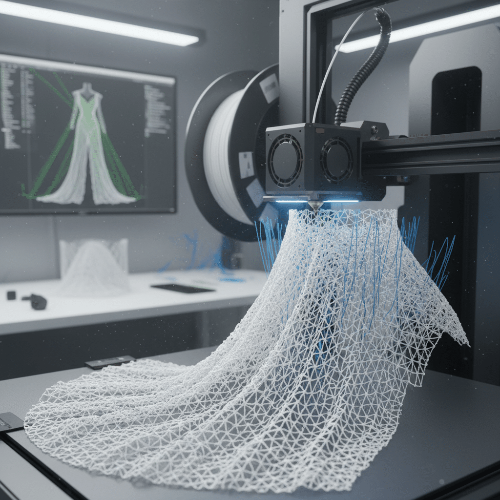 3D printer creating intricate white mesh dress, with digital design visible on screen in a modern studio setting.