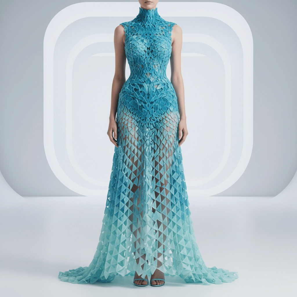 Innovative blue geometric dress with high neck and sheer pattern displayed on futuristic white background.