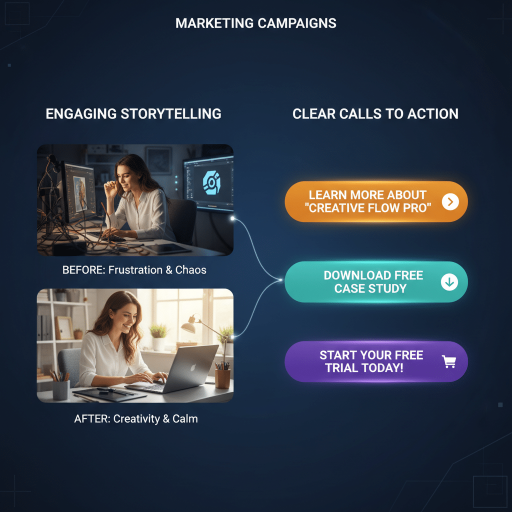 Marketing campaigns graphic showing engaging storytelling and clear calls to action: Learn, Download Case Study, and Free Trial.