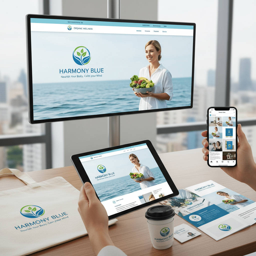 Tablet, phone, and monitor show Harmony Blue's branding with a woman by the sea. Includes tote, cup, and brochures for organic wellness.