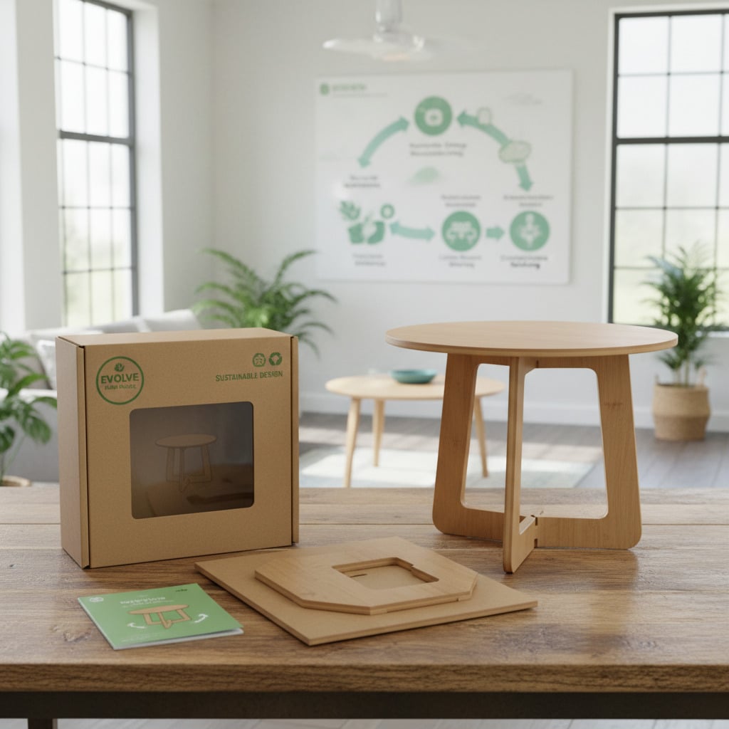 Eco-friendly wooden side table with sustainable packaging in modern living room. Assembly kit and instructions are included.
