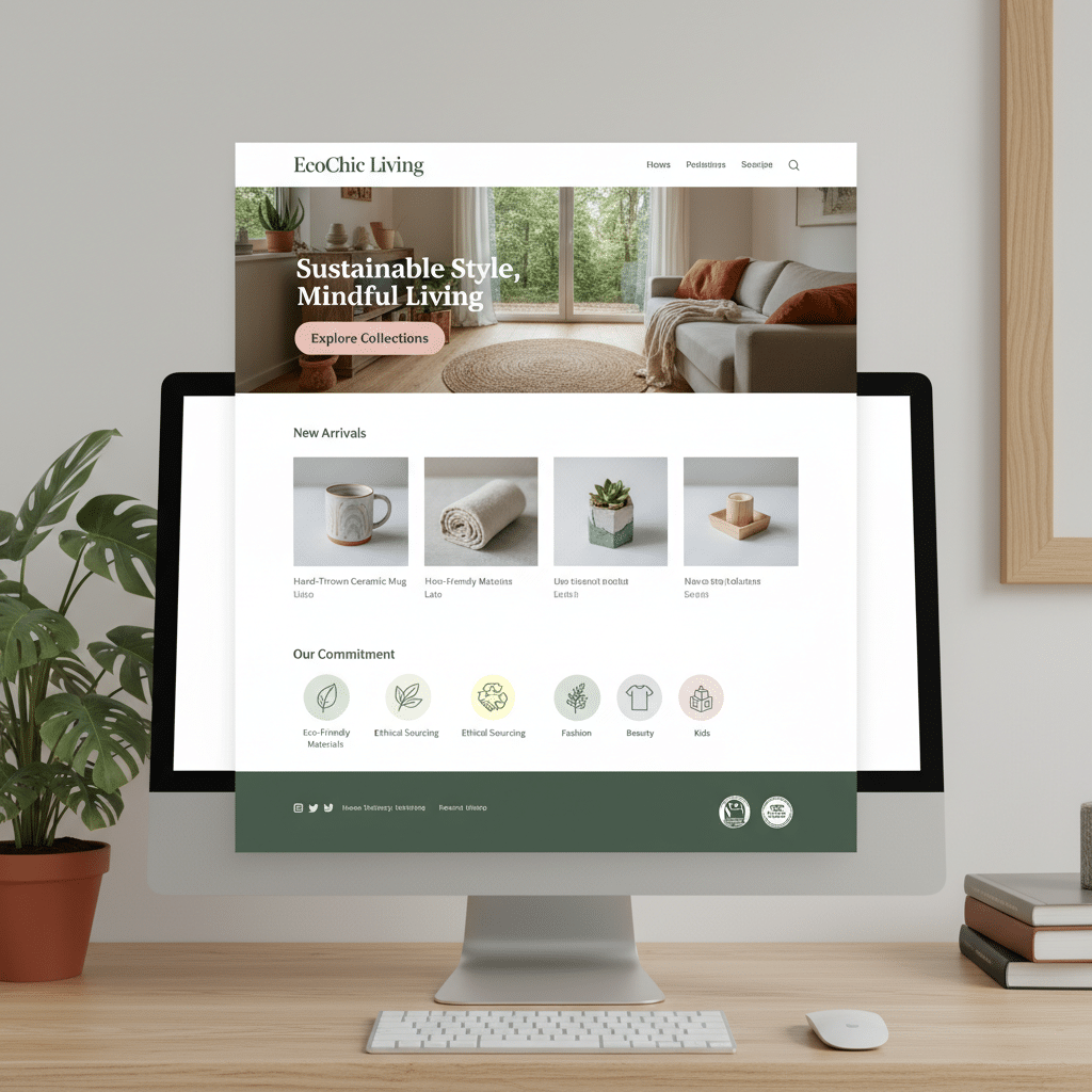 EcoChic Living website on desktop screen showcasing sustainable and eco-friendly home decor products with a minimalist design.