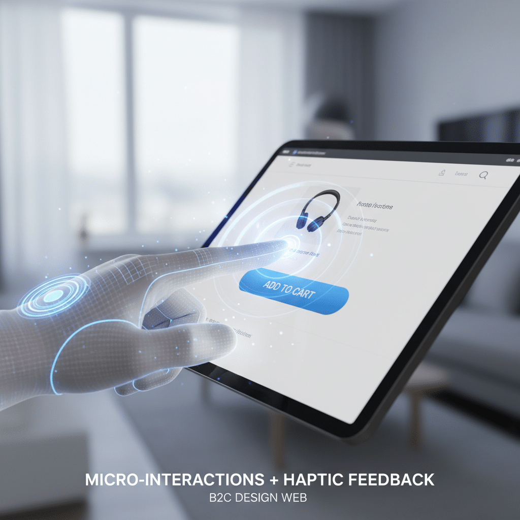 Holographic hand interacts with a tablet screen, showcasing micro-interactions and haptic feedback for online shopping UX design.