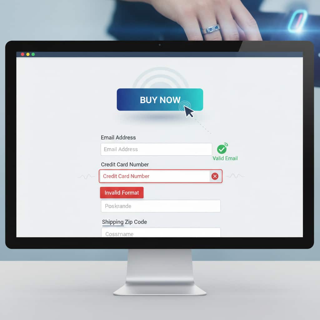 Monitor showing online checkout form with a Buy Now button and invalid credit card format error. Hand hovers above mouse.